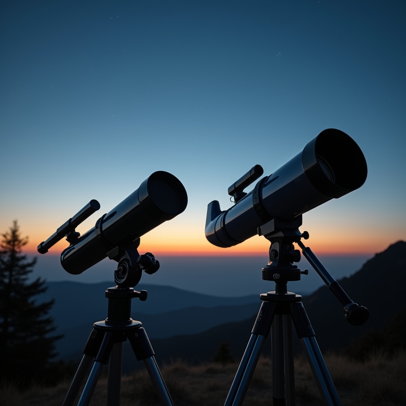 Hem 3 Refraktorteleskop och reflektorteleskop sida vid sida under stjärnklar himmel