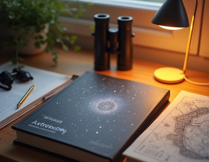 Nybörjarvänliga astronomiböcker bredvid kikare och stjärnkarta på ett bord