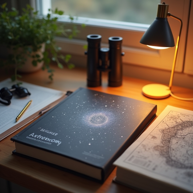 Hem 1 Nybörjarvänliga astronomiböcker bredvid kikare och stjärnkarta på ett bord