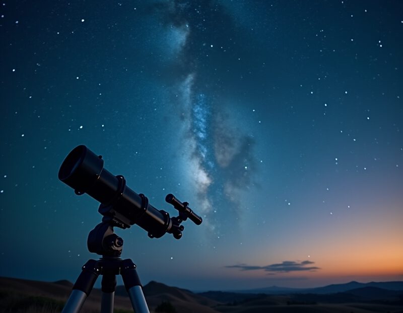 Astronomins viktigaste begrepp för nybörjare 1 Nattlig stjärnhimmel med teleskop och tydlig Vintergatan ovanför