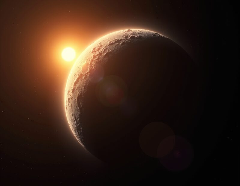 Merkurius som liten grå stenplanet nära den starkt lysande solen