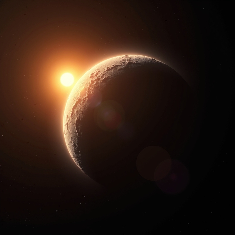 Hem 6 Merkurius som liten grå stenplanet nära den starkt lysande solen