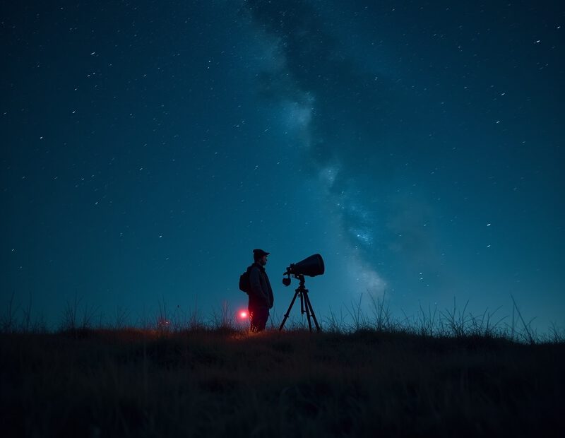 Person som stjärnskådar under klar mörk himmel med stjärnor