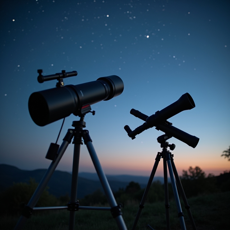 Hem 3 Två nybörjarteleskop på stativ, en refraktor och en reflektor, under stjärnklar himmel