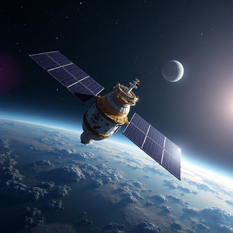 Hem 2 Illustration av europeiskt rymduppdrag med satellit och planet i bakgrunden