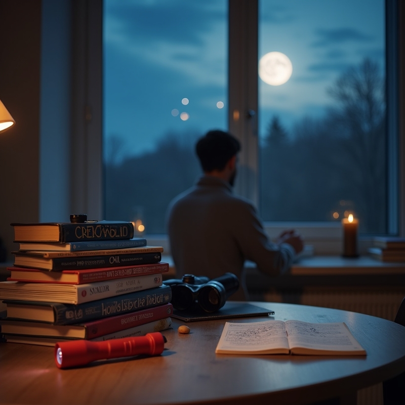 Hem 1 Nybörjare läser astronomibok under stjärnhimlen med kikare bredvid