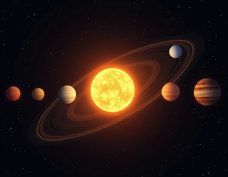 Illustration av solen och planeterna i solsystemet i rad