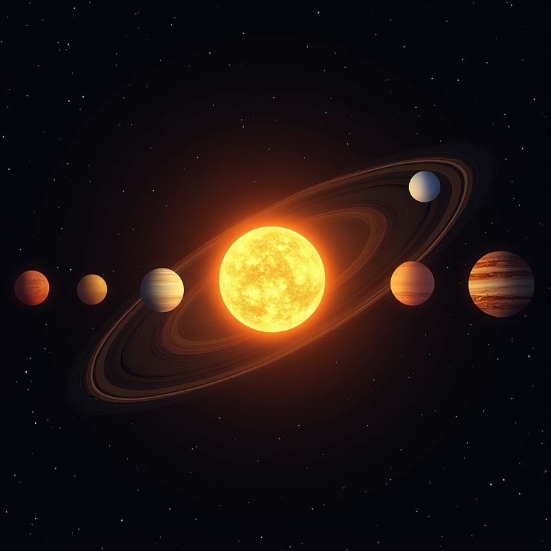 Illustration av solen och planeterna i solsystemet i rad