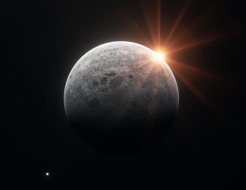 Merkurius nära solen på mörk rymdbakgrund med tydliga kratrar