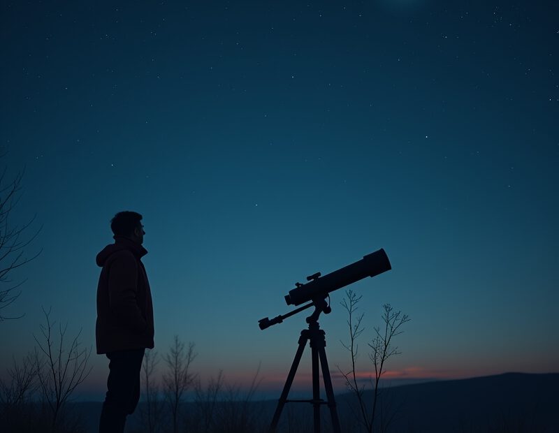 Person som stjärnskådar under mörk klar himmel med kikare