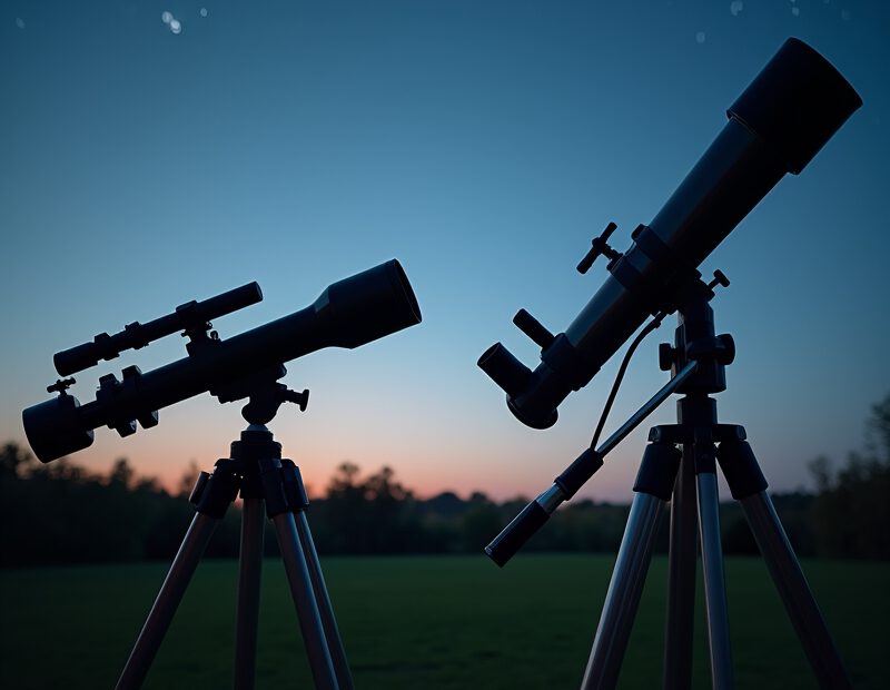 Vanliga misstag om refraktor eller reflektor 1 Refraktorteleskop och reflektorteleskop uppställda bredvid varandra under klar kvällshimmel
