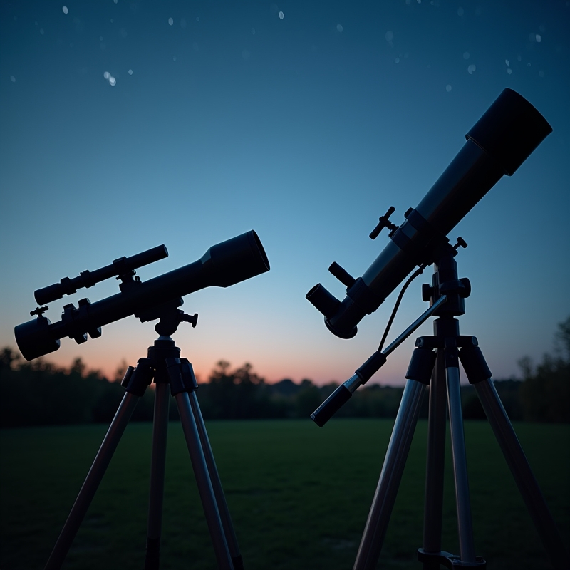 Hem 1 Refraktorteleskop och reflektorteleskop uppställda bredvid varandra under klar kvällshimmel