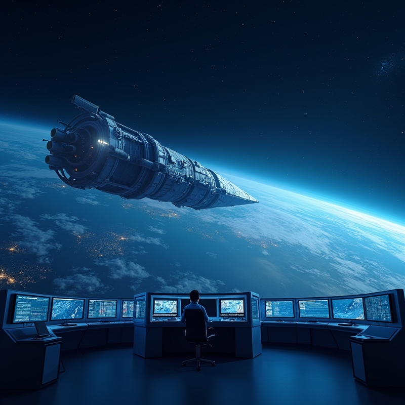 Illustration av europeisk rymdsond och jordnära nyhetsgrafik i rymdmiljö