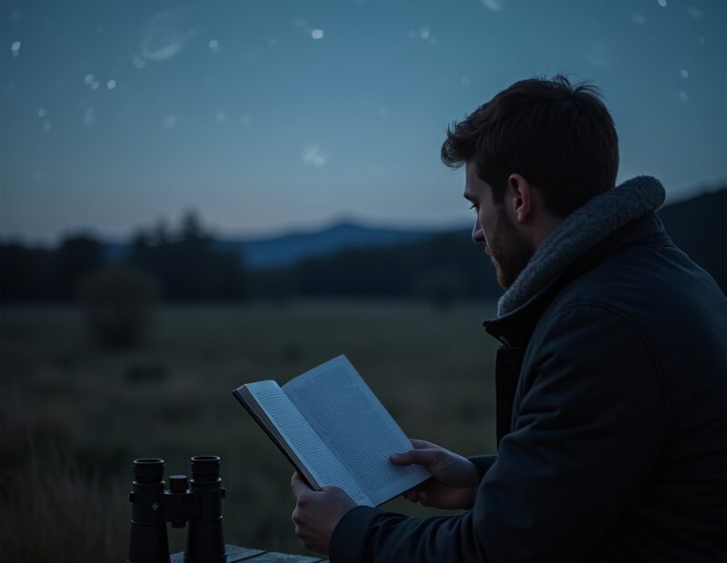 Nybörjare bläddrar i astronomibok under kvällshimlen med kikare bredvid