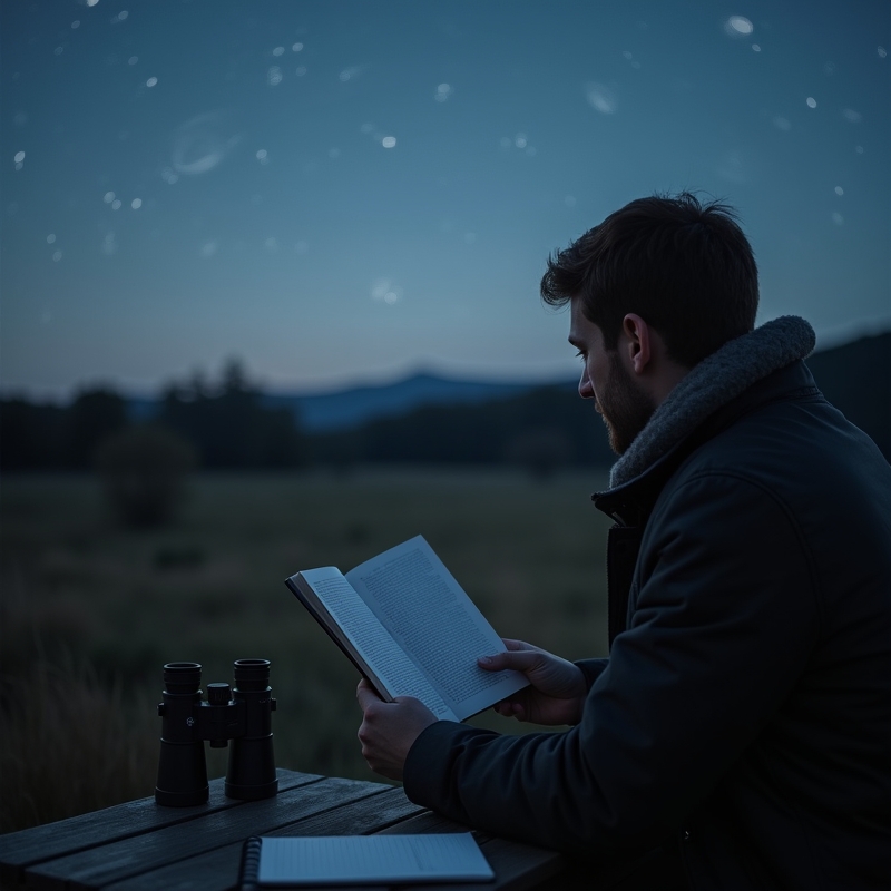Nybörjare bläddrar i astronomibok under kvällshimlen med kikare bredvid