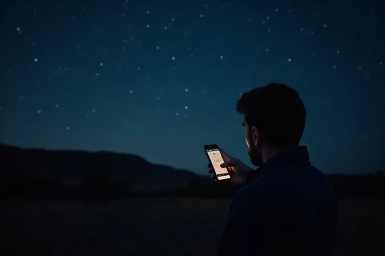 En person använder en astronomiapp i mobilen och pekar mot natthimlen för att identifiera stjärnor och stjärnbilder.