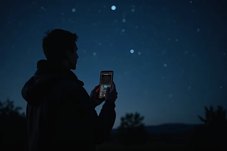 En person håller en mobil med en astronomiapp medan hen stjärnskådar under en mörk natthimmel.