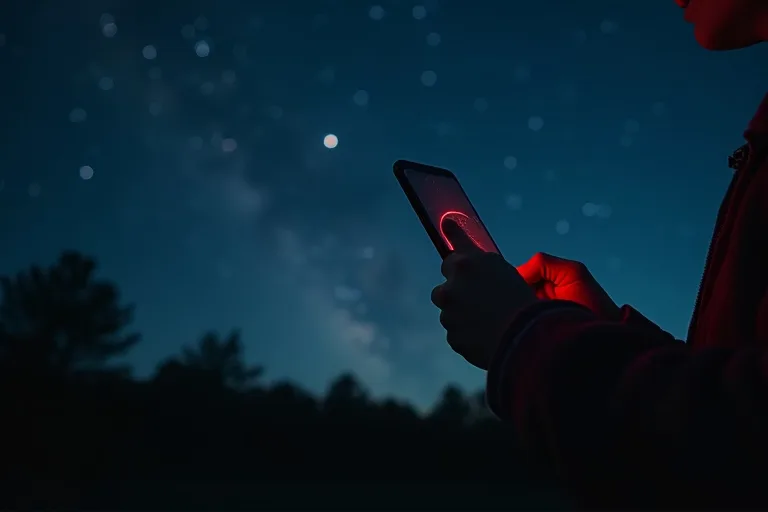 En person använder en astronomiapp i mobilen medan hen tittar upp mot stjärnhimlen på kvällen.