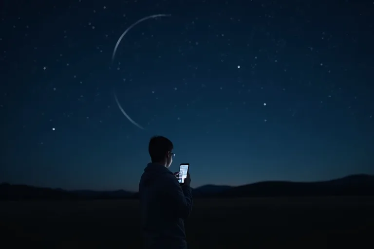 En person använder en astronomiapp i mobilen medan de tittar upp mot stjärnhimlen på en mörk plats.