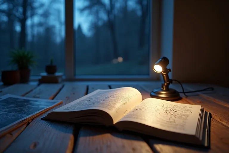 En öppen astronomibok ligger bredvid en stjärnkarta och en ficklampa i ett lugnt kvällsljus.