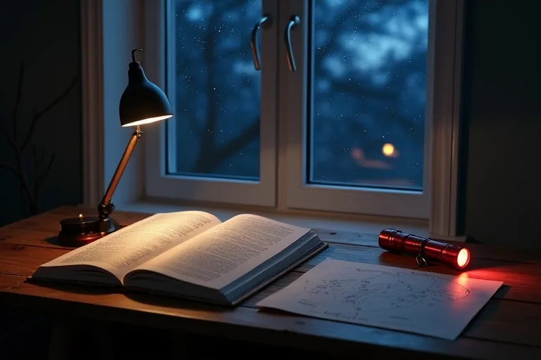 En öppen astronomibok ligger bredvid en stjärnkarta och en ficklampa vid ett fönster med nattlig himmel i bakgrunden.