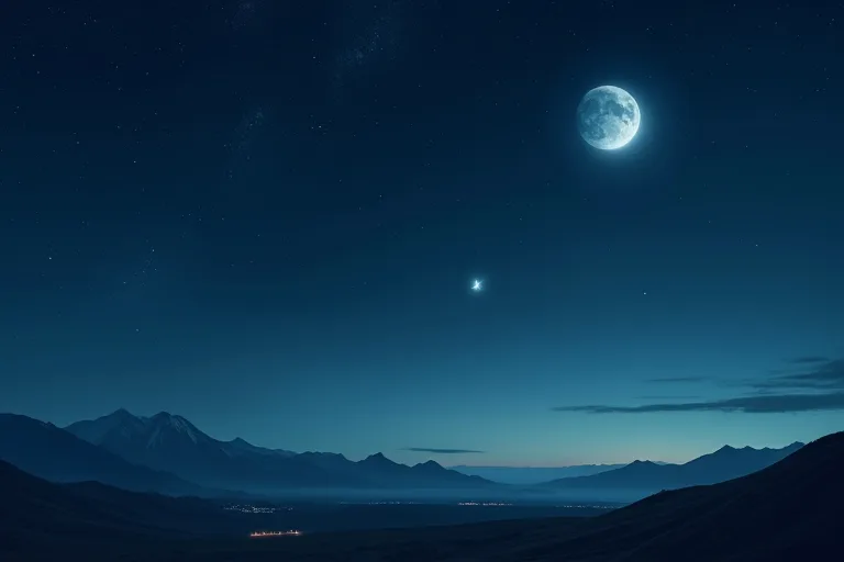 Månen, en ljusstark stjärna och en planet syns på den mörka natthimlen över ett stilla landskap.