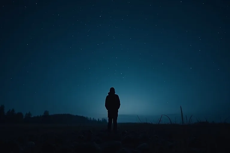 En person stjärnskådar på en mörk plats under en klar natthimmel med många stjärnor.
