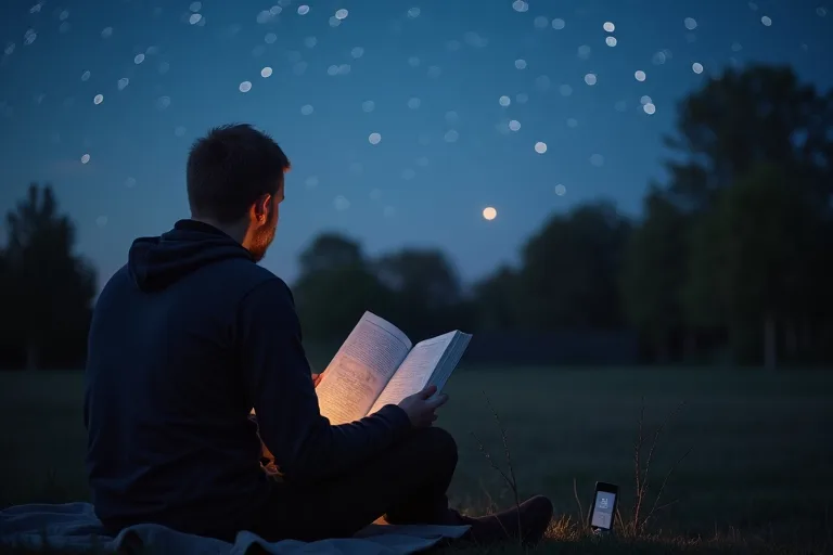 En person läser en astronomibok vid ett bord med en stjärnkarta och mobilapp medan kvällshimlen syns i bakgrunden.
