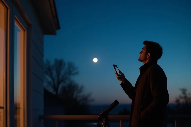 En nybörjare står på en balkong i skymningen och tittar upp mot natthimlen med en mobilapp i handen och en kikare bredvid sig.