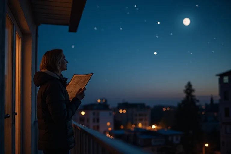 En person tittar upp mot natthimlen från en balkong och håller i en stjärnkarta eller mobil med astronomiapparbete.
