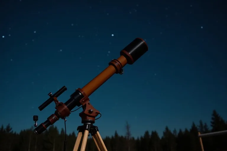Ett dobson-teleskop står uppställt utomhus och riktas mot natthimlen under en mörk kväll.