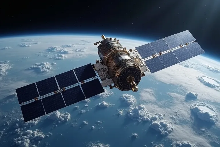 En ESA-satellit kretsar runt jorden ovanför moln och hav i rymden.