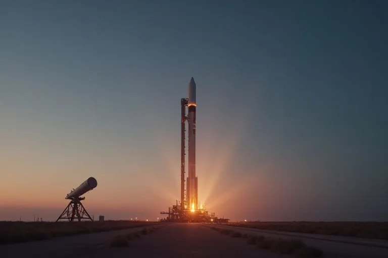 Hur SpaceX Starship påverkar astronomi och rymdnyheter 2 Raket på startplatta med lugn kvällshimmel över en astronomisk miljö