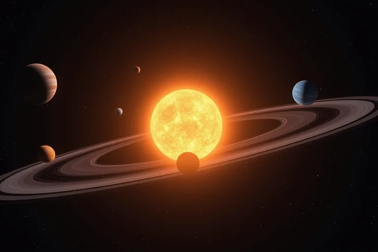Närbild som visar solsystemets struktur med solen och de inre planeterna