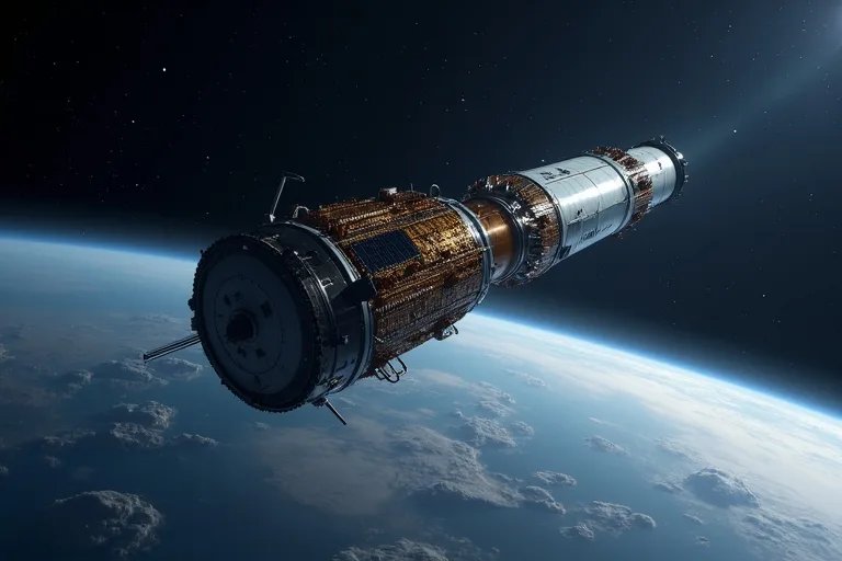ESA-relaterad rymdfarkost mot stjärnhimmel i redaktionell stil