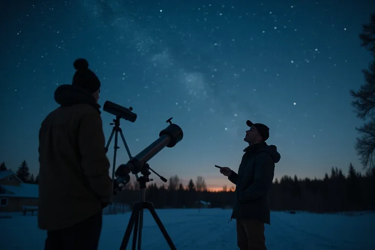 Hur mörk behöver himlen vara för stjärnskådning? 4 Nybörjare i mörk skogsglänta som förbereder sig inför en lugn kväll med stjärnskådning