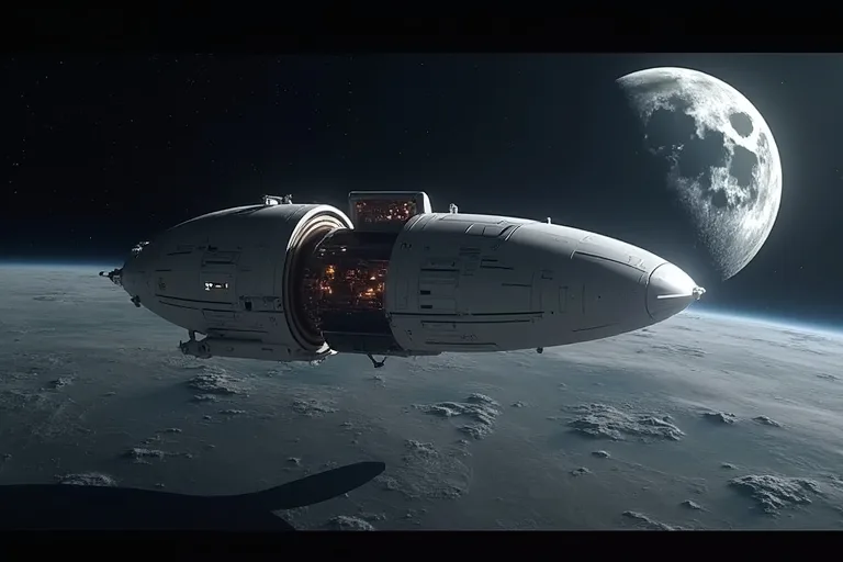 Artemis-programmet och de större frågorna inom astronomi 2 Modern rymdfarkost i närheten av månen mot mörk rymdbakgrund