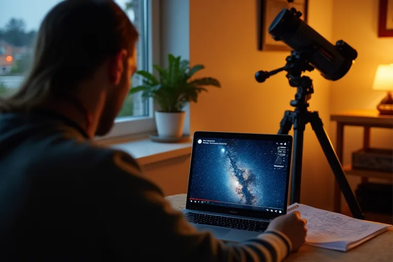 En stjärnkarta och en videospelare på ett bord bredvid anteckningar och enkel utrustning för stjärnskådning