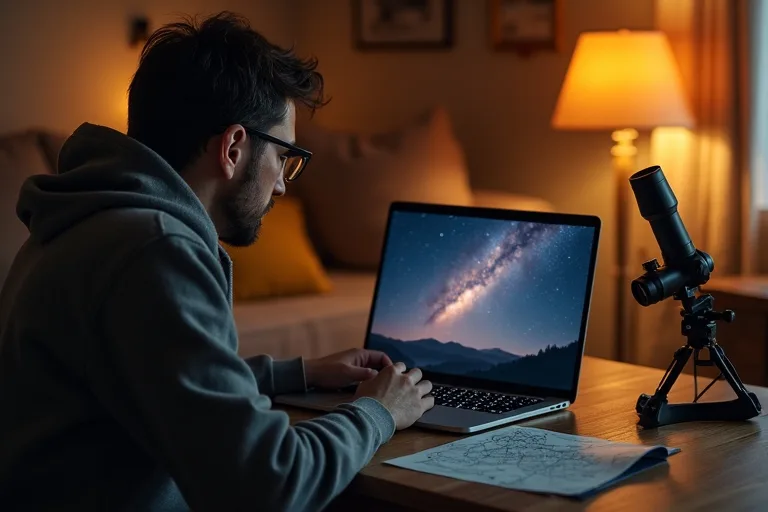 Så väljer du YouTube-kanaler om astronomi utan krångel 3 En person jämför en stjärnkarta med videospelaren på en dator i ett lugnt kvällsljus