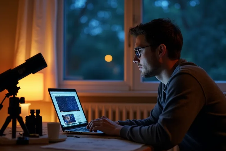 YouTube-kanaler om astronomi som faktiskt hjälper i början 3 En lugn kvällsvy med en person som jämför en stjärnkarta med en dator vid astronomikurser online