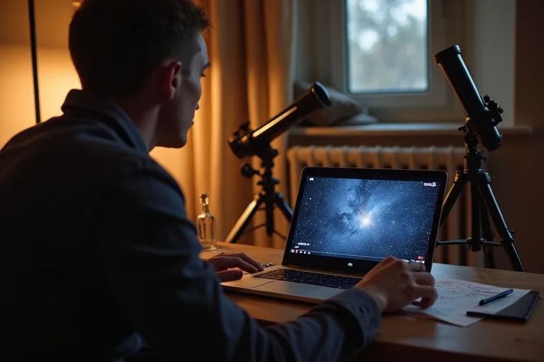 En enkel observationsplats med planisfär, kikare och röd ficklampa för kvällsbruk