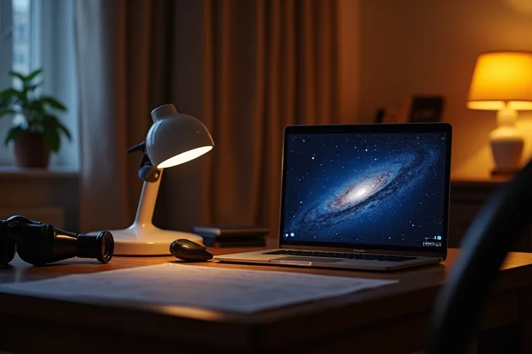 Så väljer du YouTube-kanaler om astronomi utan krångel 4 En liten observationsplats hemma med kikare, anteckningar och en öppen astronomivideo på skärmen