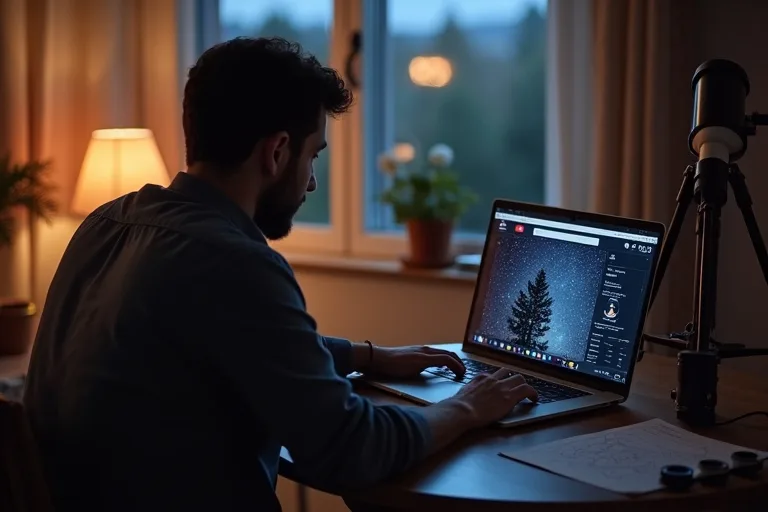 YouTube-kanaler om astronomi som faktiskt hjälper i början 4 En enkel astronomiplaneringskväll med anteckningar, stjärnkarta och dator i varmt ljus