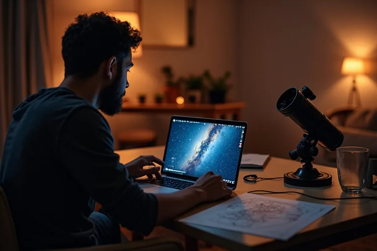 Nybörjare som gör anteckningar medan en astronomivideo spelas på en surfplatta vid stjärnskådning