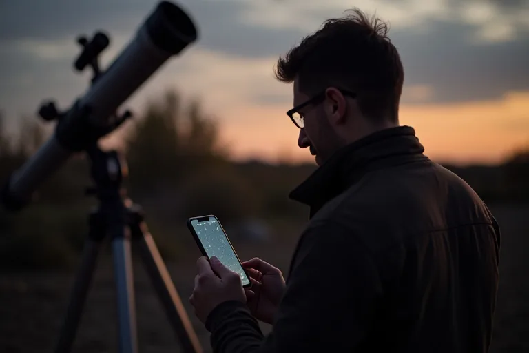 Hur väljer man astronomiappar utan att göra det krångligt? 2 Mobil med enkel stjärnkarta bredvid ett par fältkikare på kvällsbord