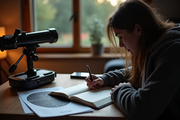 Vanliga misstag när du använder observationsjournaler 3 En stjärnskådare antecknar observationer vid ett bord med planisfär och anteckningsblock