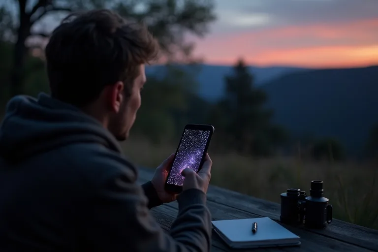 Nybörjare justerar inställningar i en astronomiapp medan himlen mörknar bakom