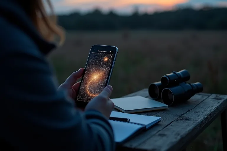 Vanliga misstag när du använder astronomiappar 2 Mobil med stjärnkarta och anteckningsblock bredvid enkla observationsverktyg på ett bord utomhus