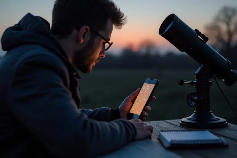 Vanliga misstag när du använder astronomiappar 4 En enkel observationsanteckning bredvid en mobil med astronomiapp under kvällshimlen