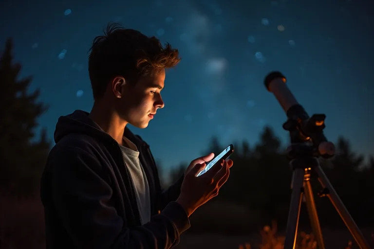 Astronomiappar som gör stjärnskådning enklare hemma och ute 3 En person använder en stjärnapp ute i mörkret med kikare bredvid sig